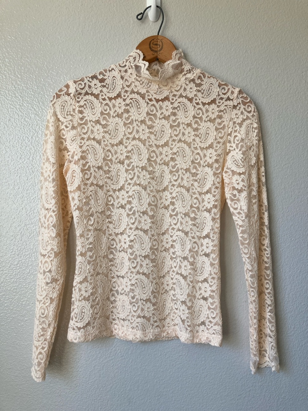 Apricot Stretch Lace Mesh Paisley Floral High Neck Long Sleeve sheer Top S/M